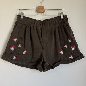 Womens Mushroom Embroidered Brown Corduroy Paper Bag Shorts Forest Fairy XL